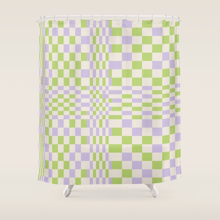Happy Colorful Checkered Pattern Green And Lilac Shower Curtain