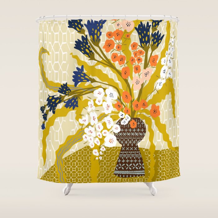 Matisse Flower Vase Modern Illustration Mustard Yellow Shower Curtain