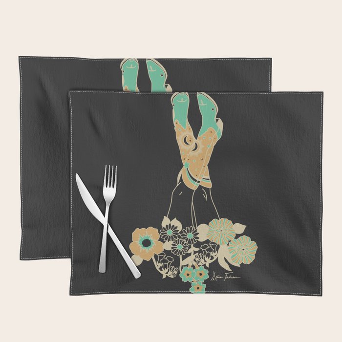 Love Stoned Cowboy Boots - Emerald, Cream, Black Placemat
