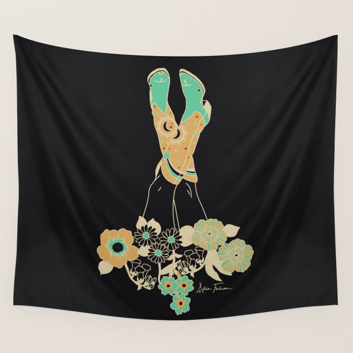 Love Stoned Cowboy Boots - Emerald, Cream, Black Wall Tapestry