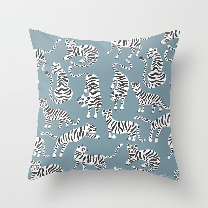 Tiger Collection - White On Blue Throw Pillow