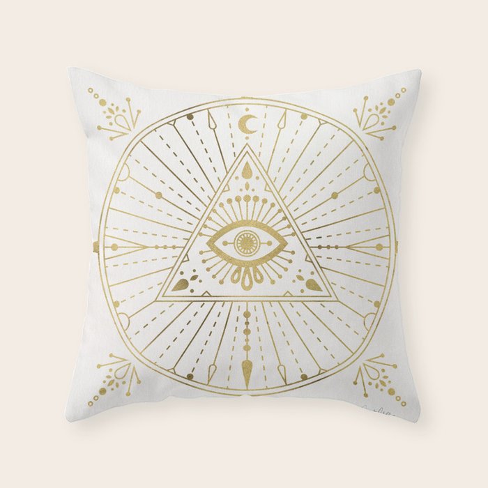 All-Seeing Eye Mandala - Gold Palette Throw Pillow
