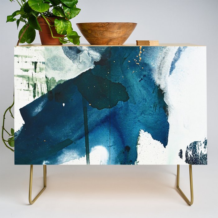 Untamed: A Pretty, Minimal, Abstract Painting In Blue, White And Gold By Alyssa Hamilton Art  Credenza