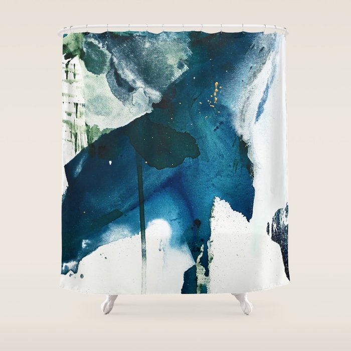 Untamed: A Pretty, Minimal, Abstract Painting In Blue, White And Gold By Alyssa Hamilton Art  Shower Curtain