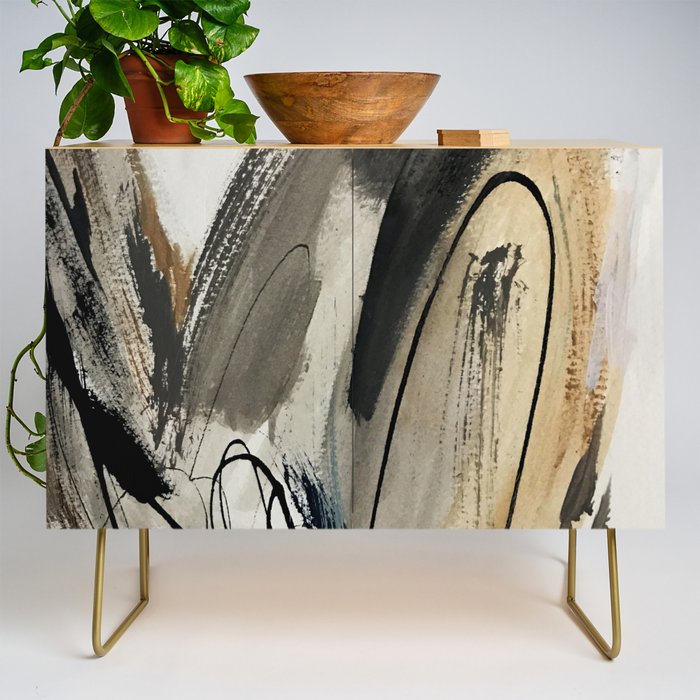 Drift [5]: A Neutral Abstract Mixed Media Piece In Black, White, Gray, Brown Credenza