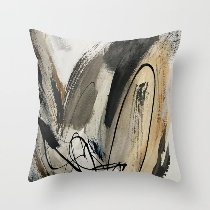 Drift [5]: A Neutral Abstract Mixed Media Piece In Black, White, Gray, Brown Throw Pillow