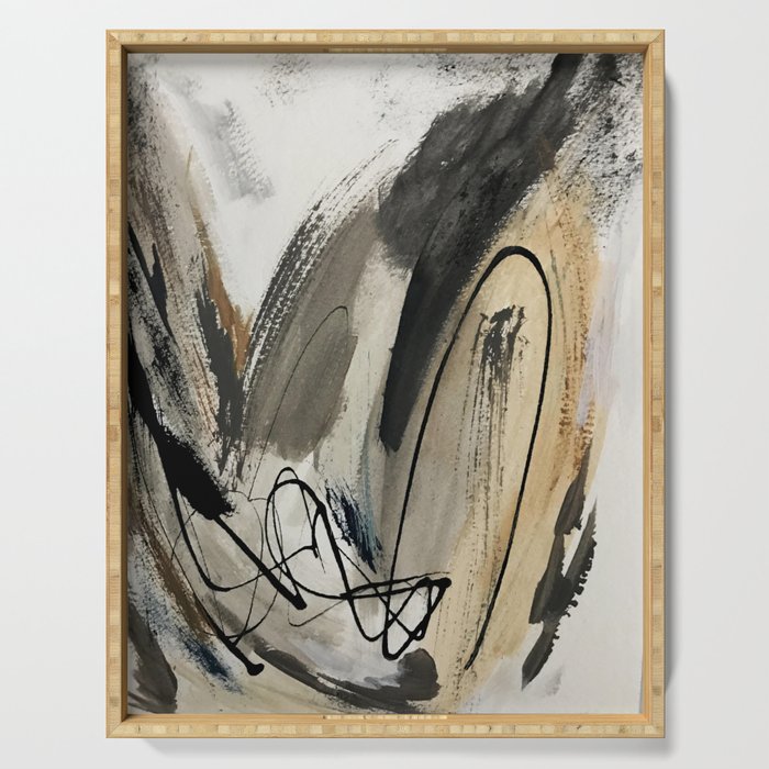 Drift [5]: A Neutral Abstract Mixed Media Piece In Black, White, Gray, Brown Serving Tray