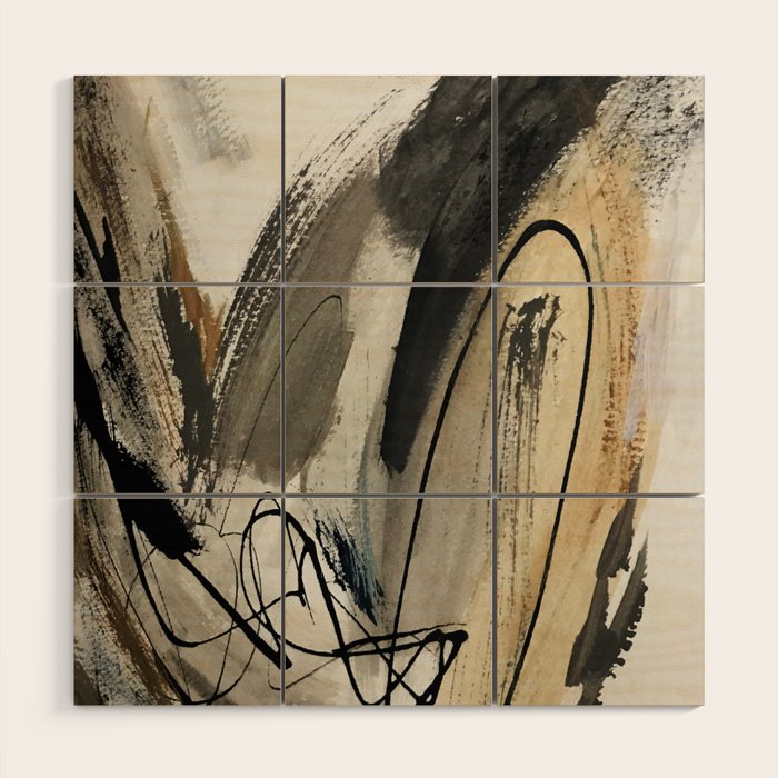 Drift [5]: A Neutral Abstract Mixed Media Piece In Black, White, Gray, Brown Wood Wall Art