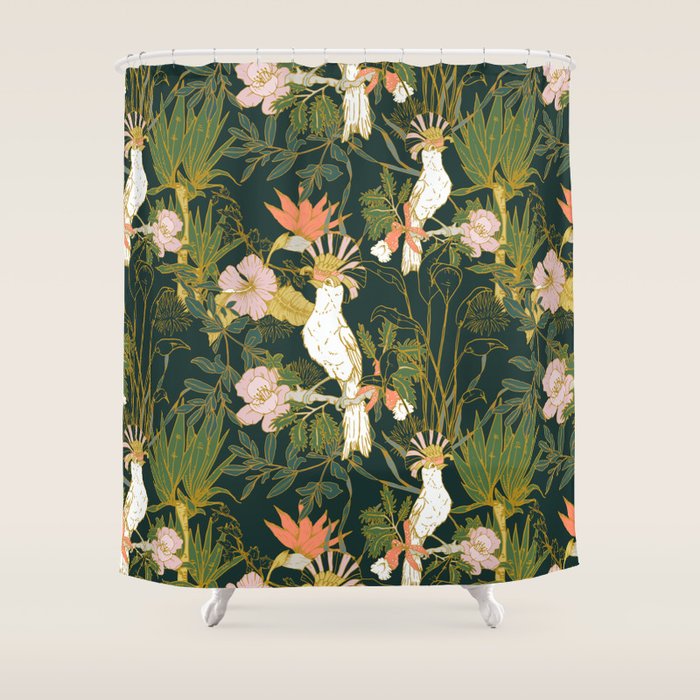 Drawing Of Exotic Birds In The Dark Jungle Shower Curtain
