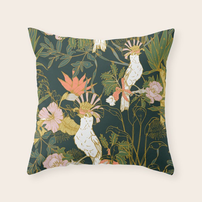 Drawing Of Exotic Birds In The Dark Jungle Throw Pillow