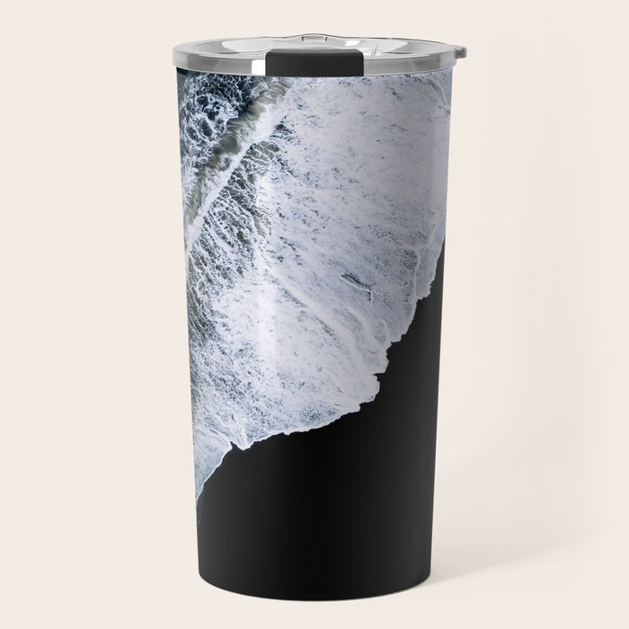 Waves Crashing On A Black Sand Beach - Minimal Landscape Photography Travel Mug