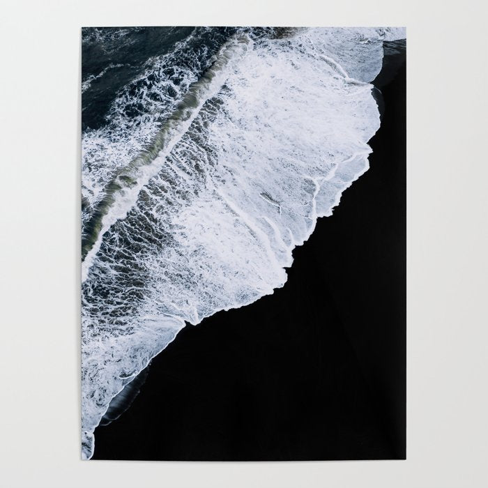 Waves Crashing On A Black Sand Beach - Minimal Landscape Photography Poster