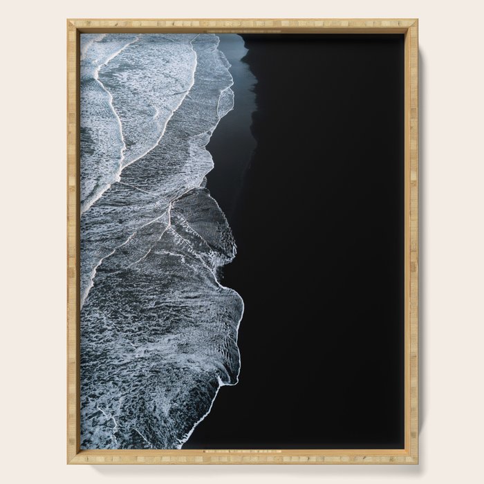 Waves On A Black Sand Beach In Iceland - Minimalist Landscape Photography Serving Tray