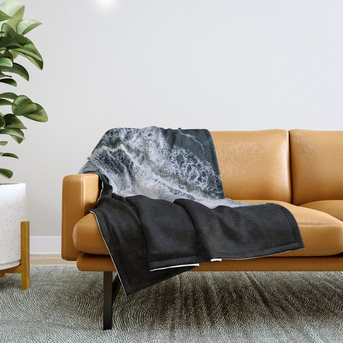 Waves Crashing On A Black Sand Beach - Minimal Landscape Photography Throw Blanket