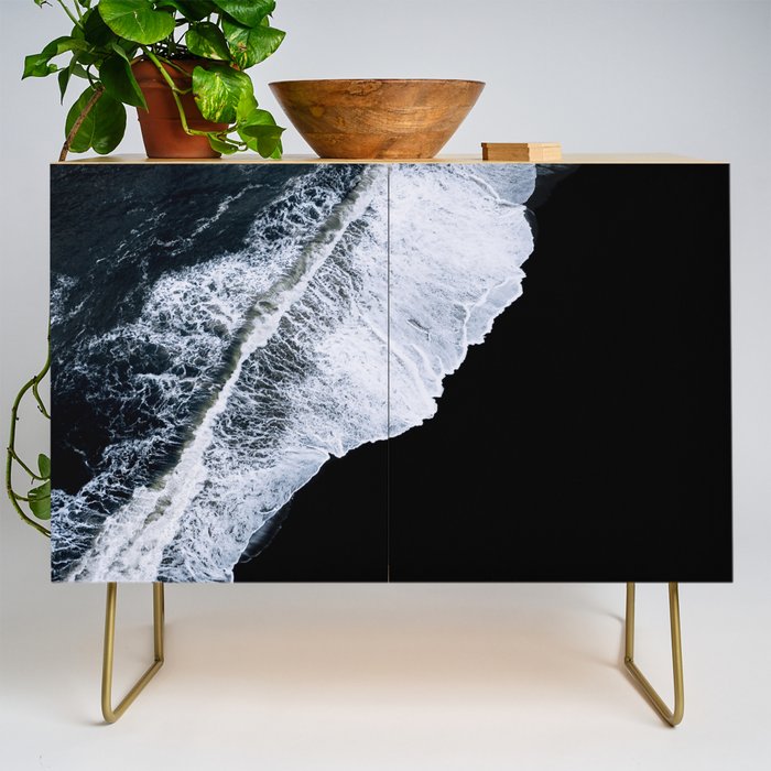 Waves Crashing On A Black Sand Beach - Minimal Landscape Photography Credenza