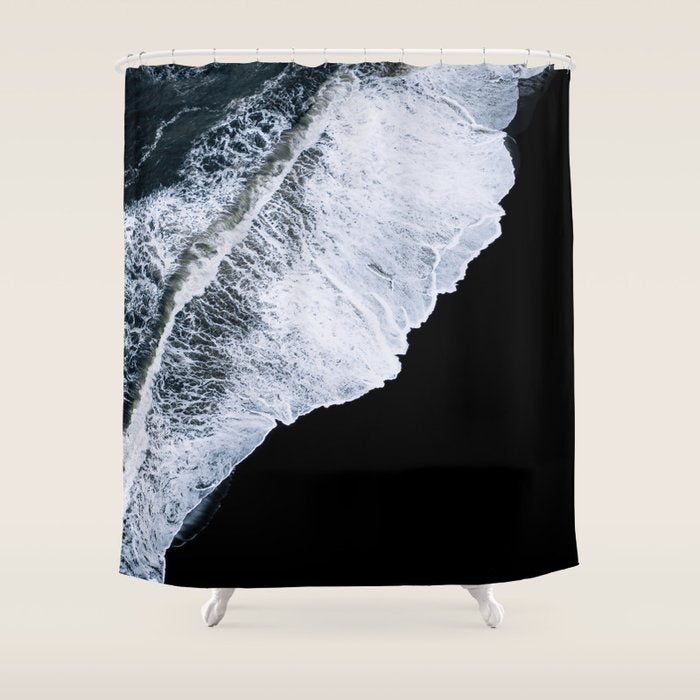 Waves Crashing On A Black Sand Beach - Minimal Landscape Photography Shower Curtain