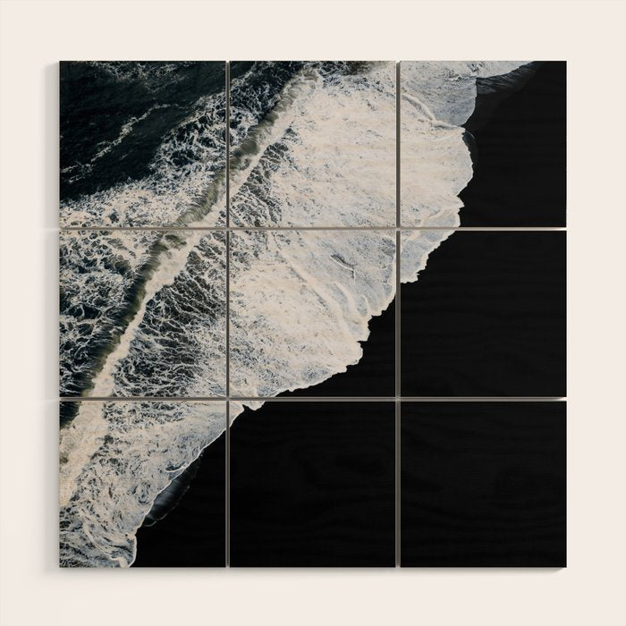 Waves Crashing On A Black Sand Beach - Minimal Landscape Photography Wood Wall Art