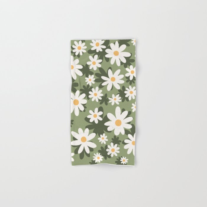 Flower Market London, Retro Daisies  Print, Green Ditsy Pattern Bath Towel