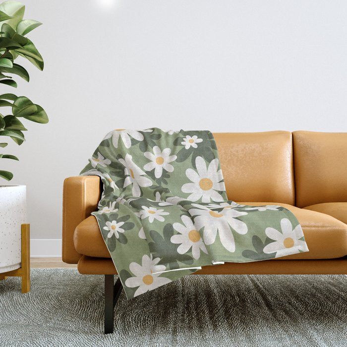 Flower Market London, Retro Daisies Print, Green Ditsy Pattern Throw Blanket