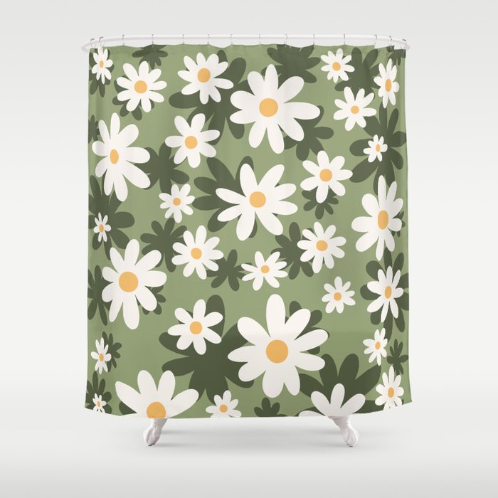 Flower Market London, Retro Daisies  Print, Green Ditsy Pattern Shower Curtain