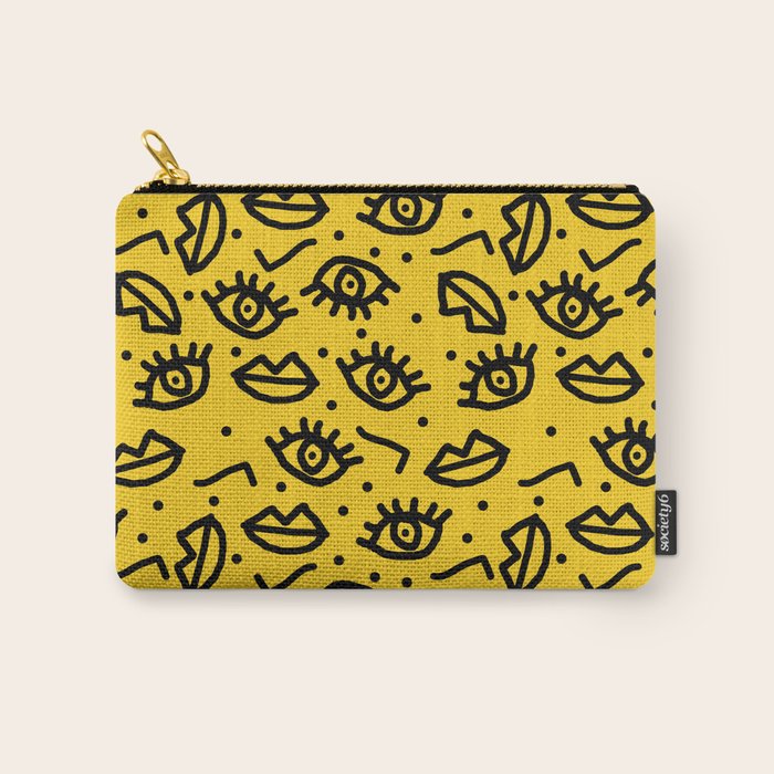 Face Time - Retro Throwback Minimal Pattern Eyes Faces 1980s 80s Vintage Memphis Drawing Monochrome Carry All Pouch