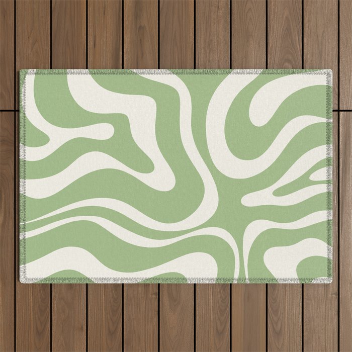Modern Liquid Swirl Abstract Pattern In Light Sage Green And Cream Outdoor Rug