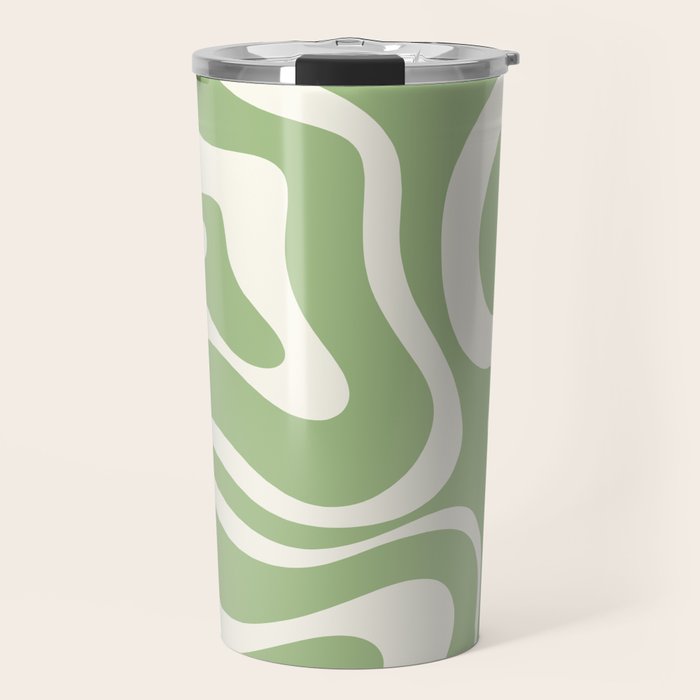 Modern Liquid Swirl Abstract Pattern In Light Sage Green And Cream Travel Mug