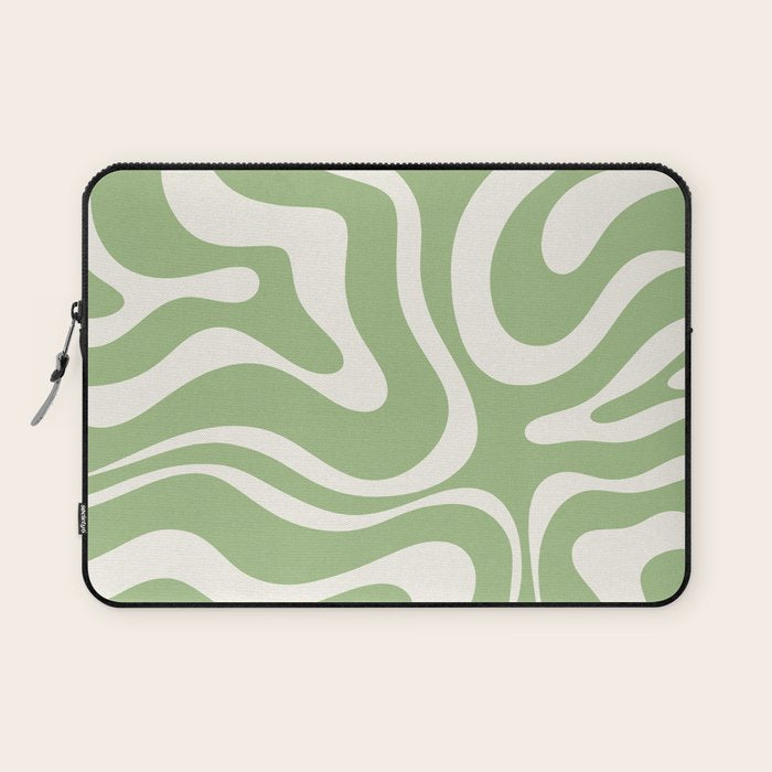 Modern Liquid Swirl Abstract Pattern In Light Sage Green And Cream Laptop Sleeve