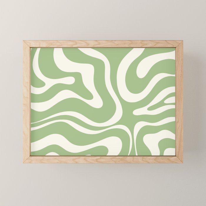 Modern Liquid Swirl Abstract Pattern In Light Sage Green And Cream Mini Art Print
