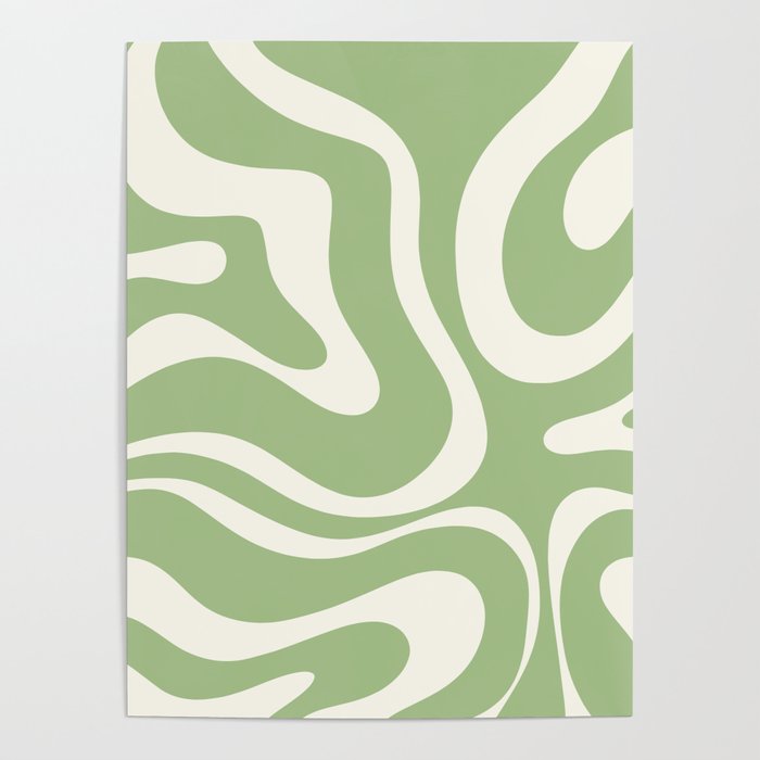 Modern Liquid Swirl Abstract Pattern In Light Sage Green And Cream Poster