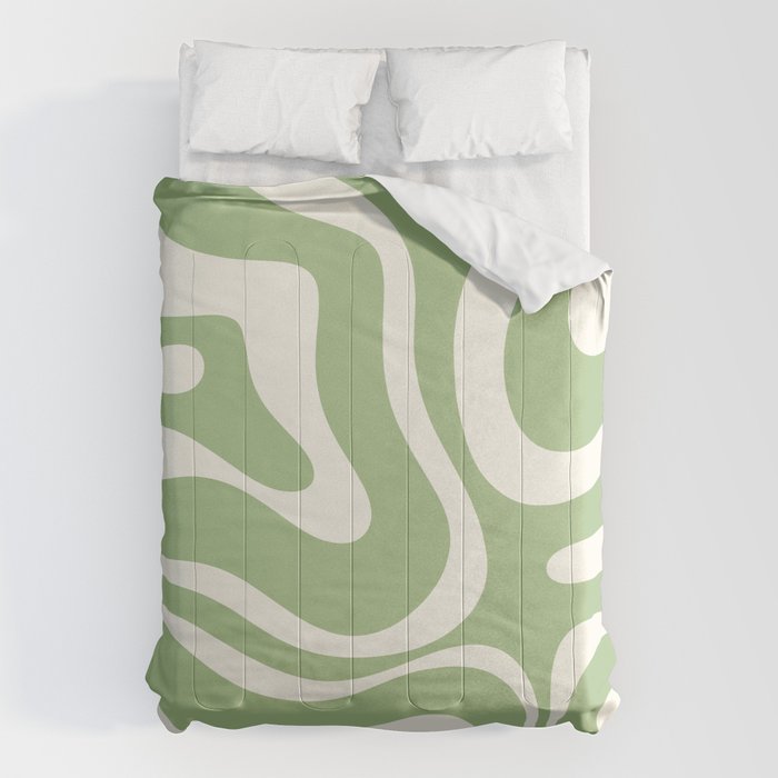 Modern Liquid Swirl Abstract Pattern In Light Sage Green And Cream Comforter