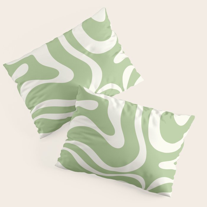 Modern Liquid Swirl Abstract Pattern In Light Sage Green And Cream Pillow Sham