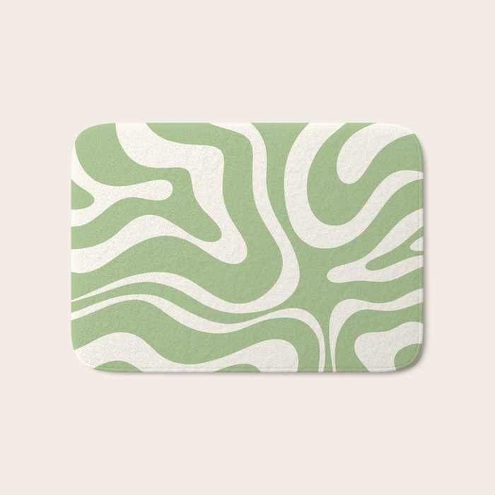 Modern Liquid Swirl Abstract Pattern In Light Sage Green And Cream Bath Mat