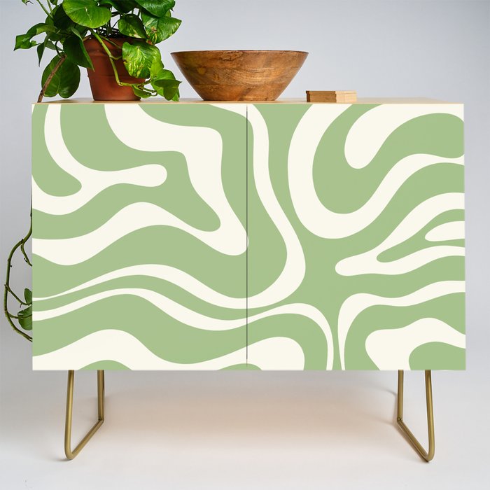 Modern Liquid Swirl Abstract Pattern In Light Sage Green And Cream Credenza