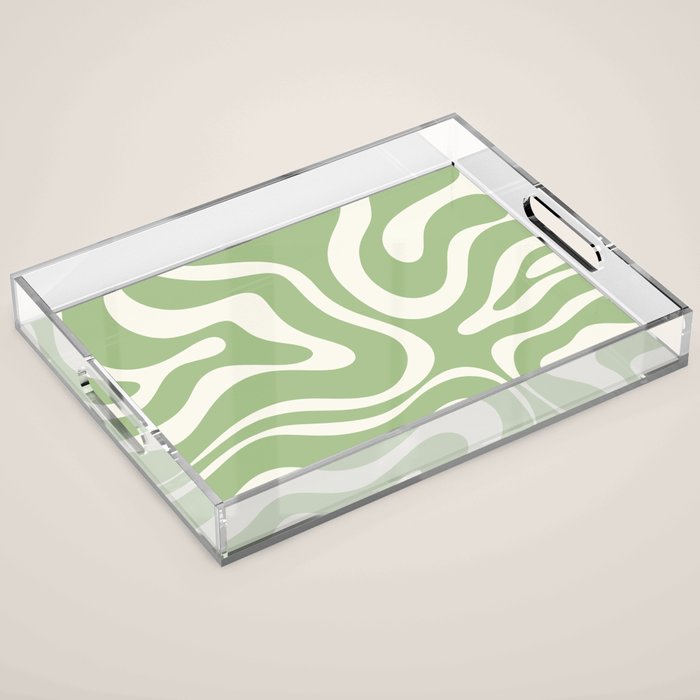 Modern Liquid Swirl Abstract Pattern In Light Sage Green And Cream Acrylic Tray