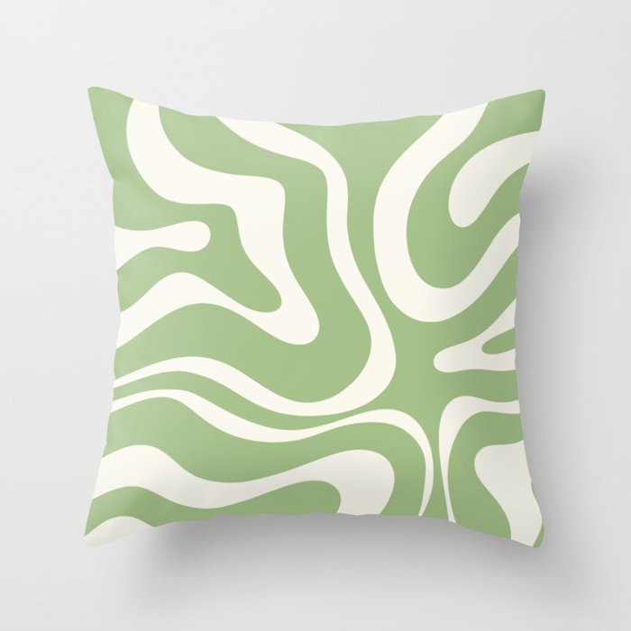 Modern Liquid Swirl Abstract Pattern In Light Sage Green And Cream Throw Pillow