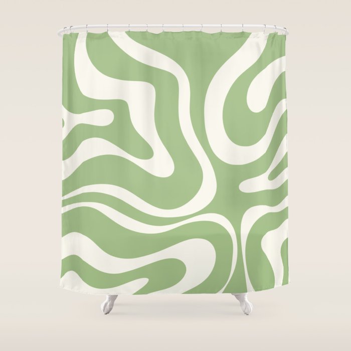 Modern Liquid Swirl Abstract Pattern In Light Sage Green And Cream Shower Curtain