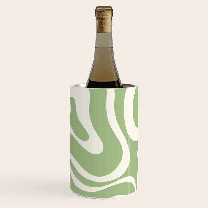 Modern Liquid Swirl Abstract Pattern In Light Sage Green And Cream Wine Chiller