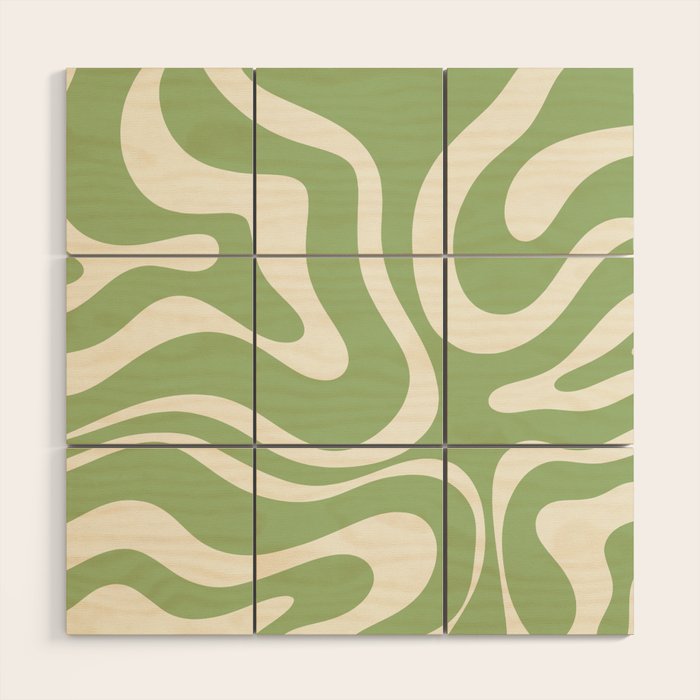 Modern Liquid Swirl Abstract Pattern In Light Sage Green And Cream Wood Wall Art