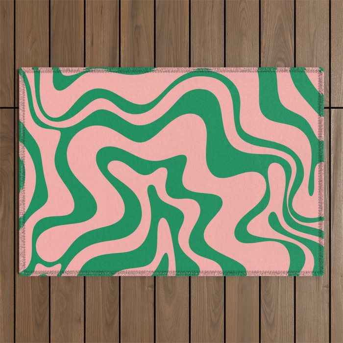 Liquid Swirl Retro Abstract Pattern In Pink And Bright Green Outdoor Rug
