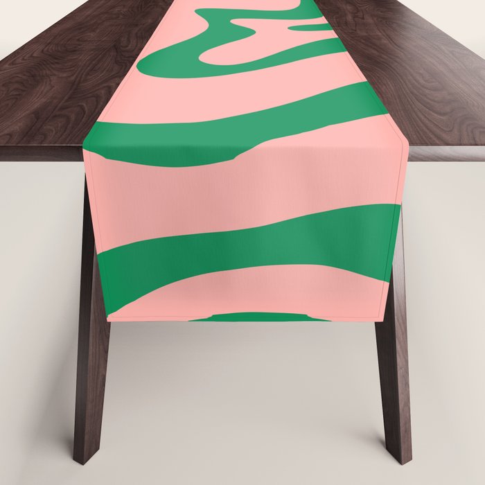 Liquid Swirl Retro Abstract Pattern In Pink And Bright Green Table Runner