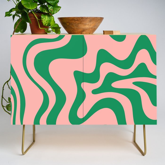 Liquid Swirl Retro Abstract Pattern In Pink And Bright Green Credenza