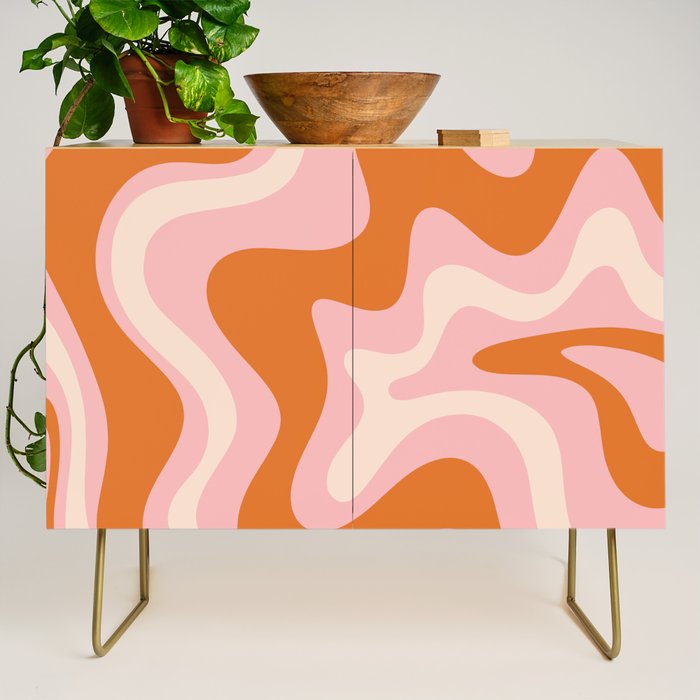Liquid Swirl Retro Abstract Pattern In Pink Orange Cream Credenza