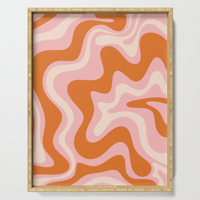 Liquid Swirl Retro Abstract Pattern In Pink Orange Cream Serving Tray