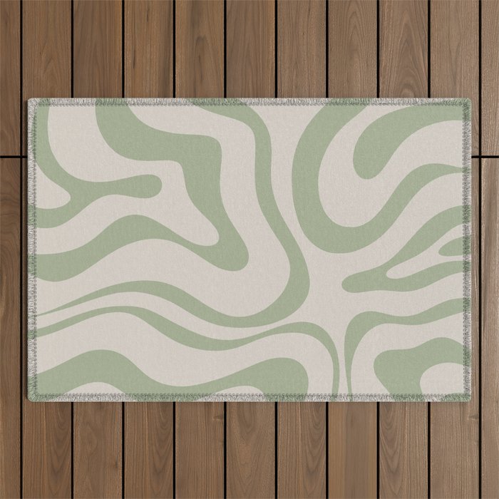 Liquid Swirl Abstract Pattern In Almond And Sage Green Outdoor Rug