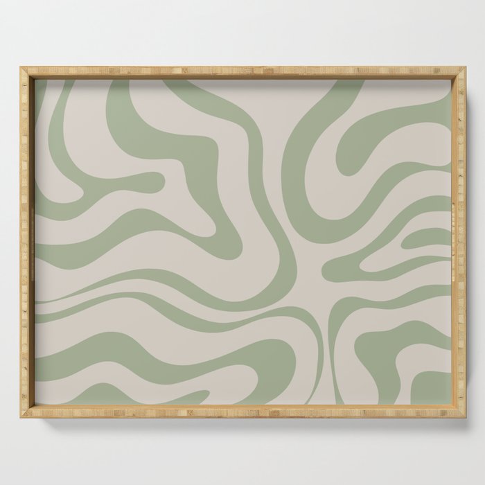 Liquid Swirl Abstract Pattern In Almond And Sage Green Serving Tray