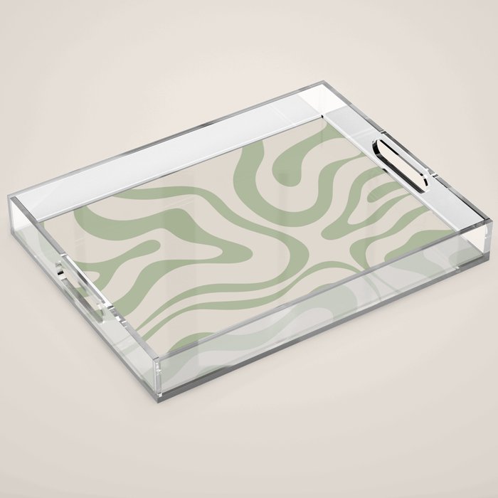 Liquid Swirl Abstract Pattern In Almond And Sage Green Acrylic Tray