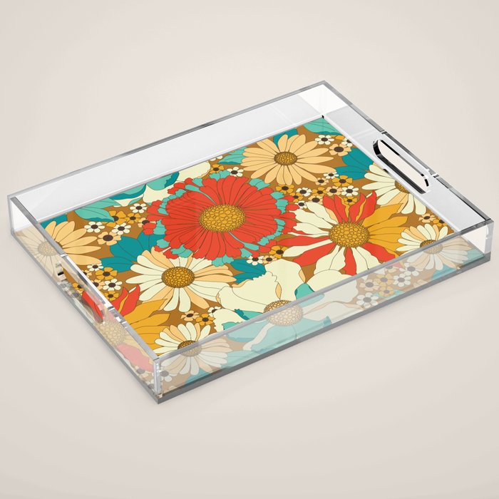 Red, Orange, Turquoise And Brown Retro Floral Pattern Acrylic Tray