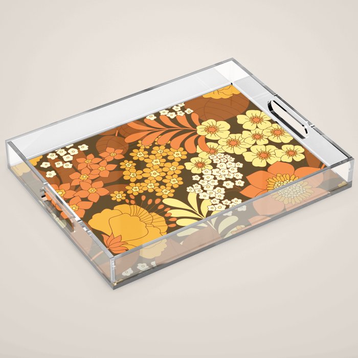 Brown, Yellow, Orange Qnd Ivory Retro Flowers Acrylic Tray