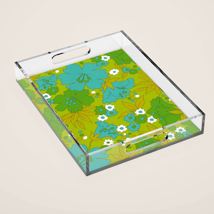 Green, Turquoise, And White Retro Flower Design Pattern Acrylic Tray
